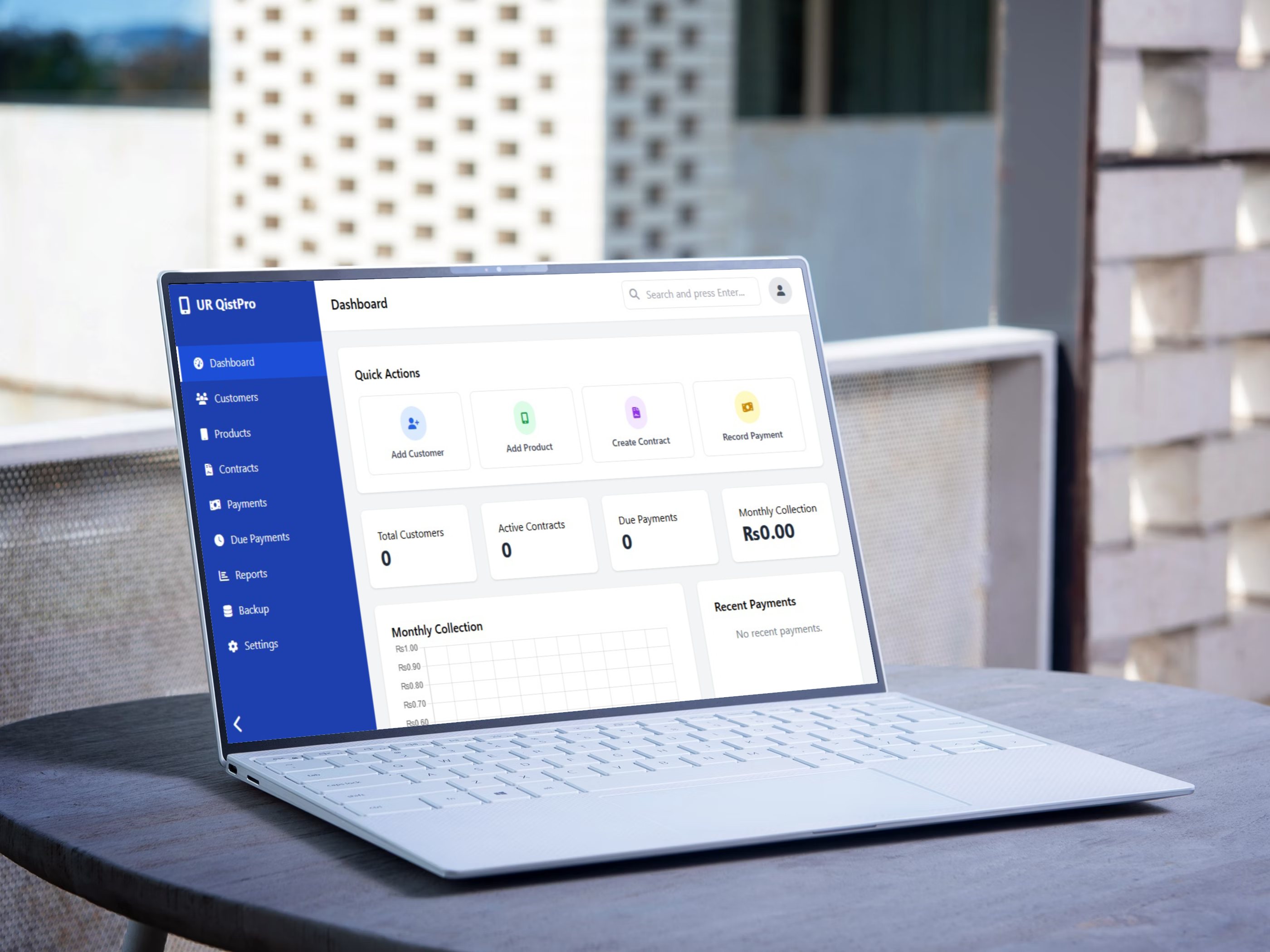 UR QistPro Dashboard on a laptop screen showing installment management interface